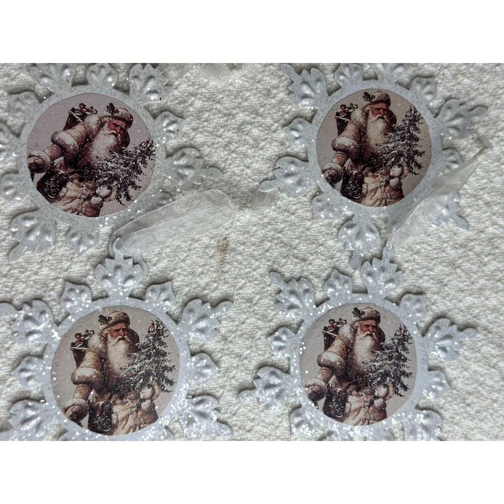Santa Claus Snowflake Christmas Ornaments Set Of 8 Tin Hanging